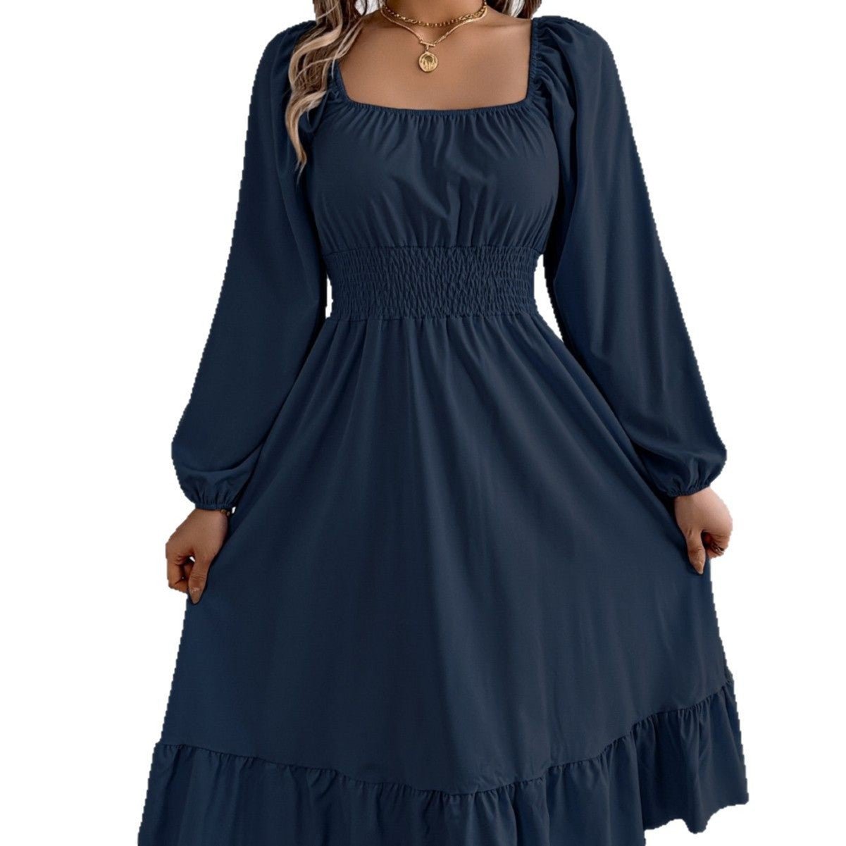 Casual Solid Color Square Neck Long Sleeve Waisted Ruffled A - Line Dress - Negative Apparel