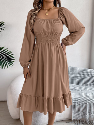 Casual Solid Color Square Neck Long Sleeve Waisted Ruffled A - Line Dress - Negative Apparel