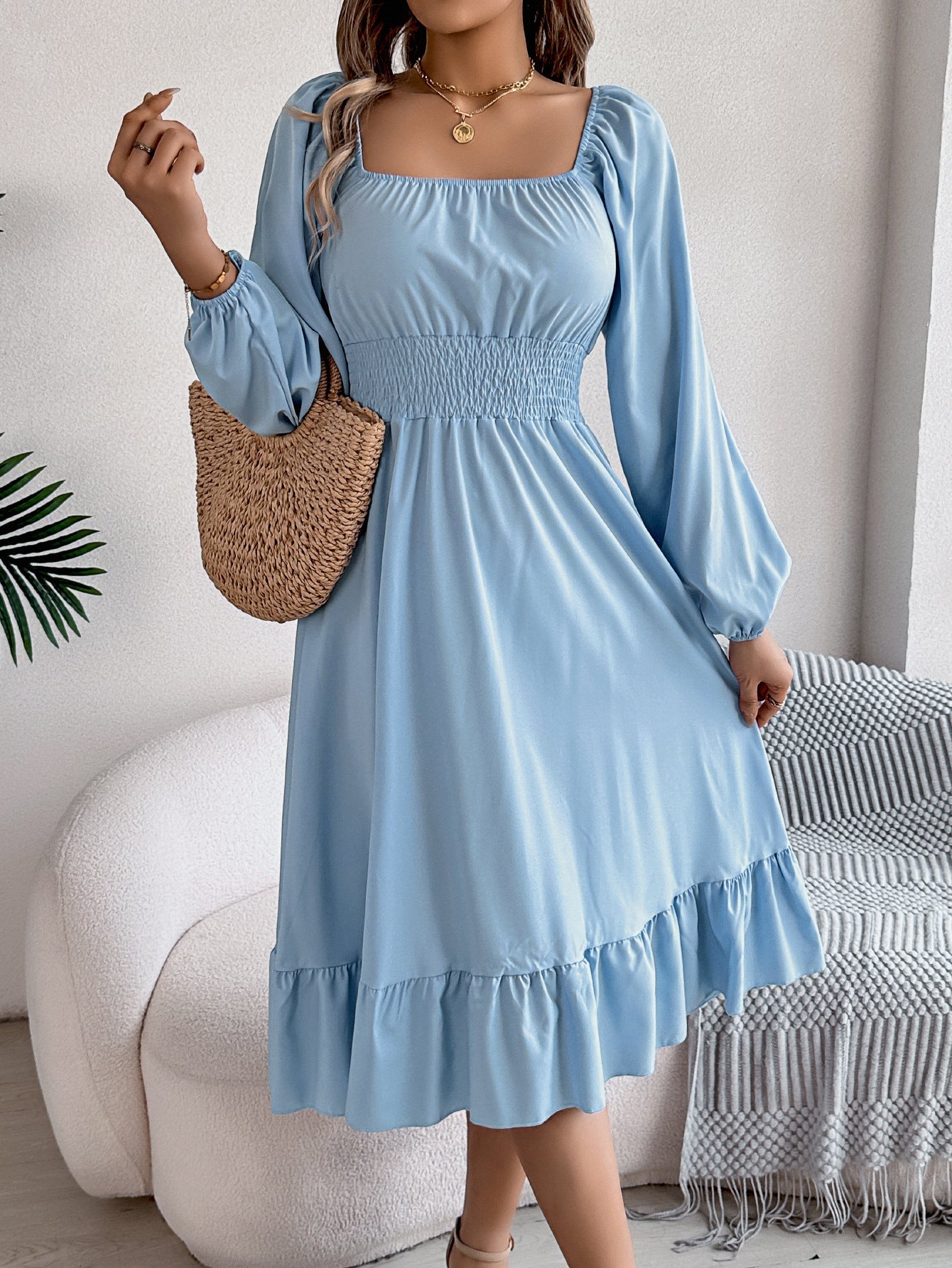 Casual Solid Color Square Neck Long Sleeve Waisted Ruffled A - Line Dress - Negative Apparel