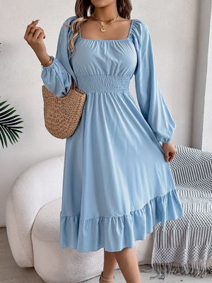 Casual Solid Color Square Neck Long Sleeve Waisted Ruffled A - Line Dress - Negative Apparel