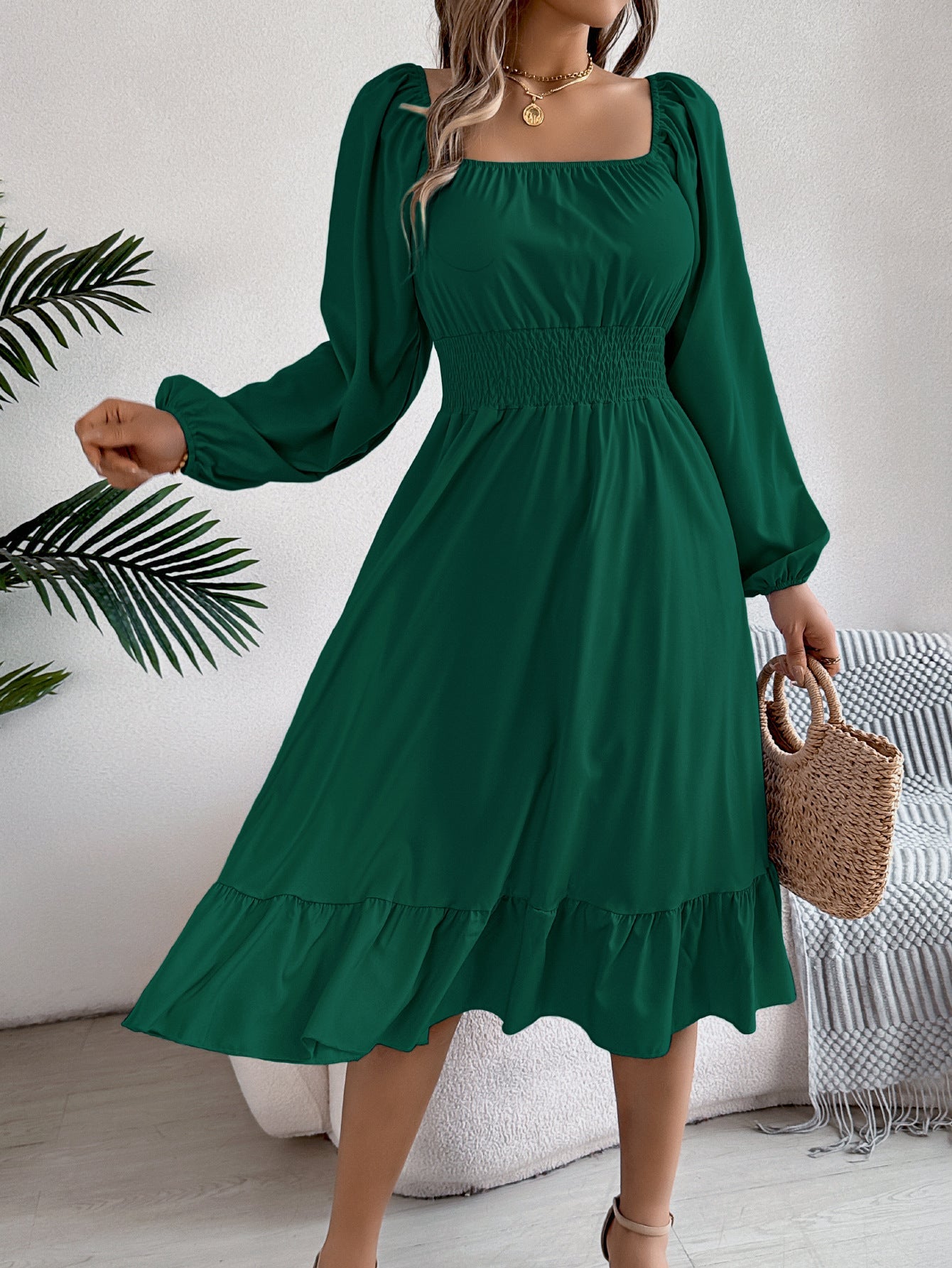 Casual Solid Color Square Neck Long Sleeve Waisted Ruffled A - Line Dress - Negative Apparel