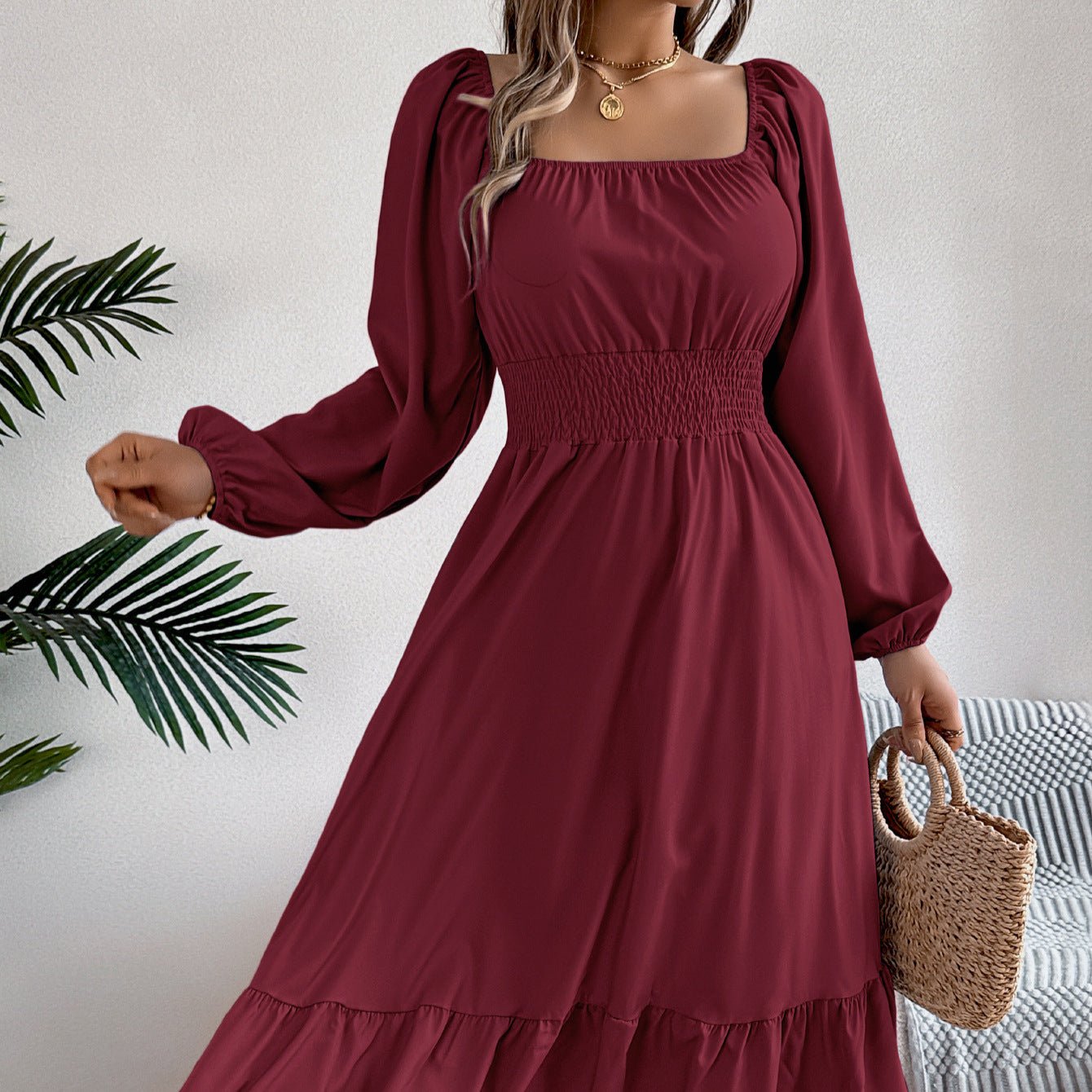 Casual Solid Color Square Neck Long Sleeve Waisted Ruffled A - Line Dress - Negative Apparel