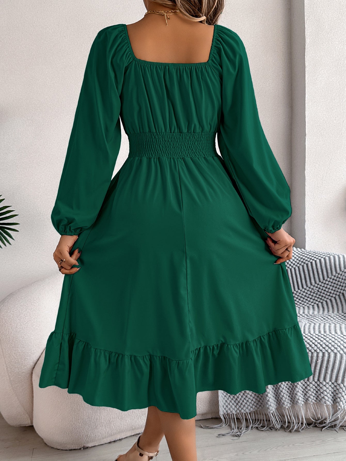 Casual Solid Color Square Neck Long Sleeve Waisted Ruffled A - Line Dress - Negative Apparel