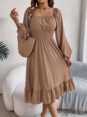 Casual Solid Color Square Neck Long Sleeve Waisted Ruffled A - Line Dress - Negative Apparel