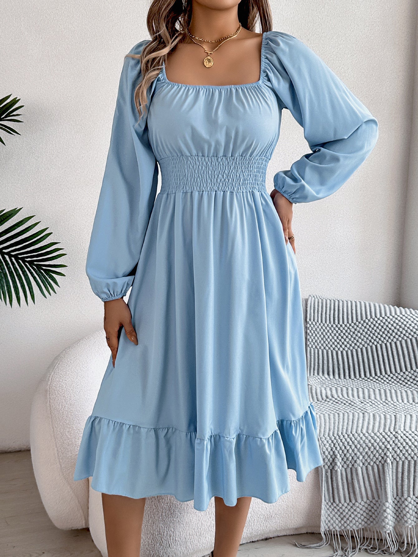 Casual Solid Color Square Neck Long Sleeve Waisted Ruffled A - Line Dress - Negative Apparel