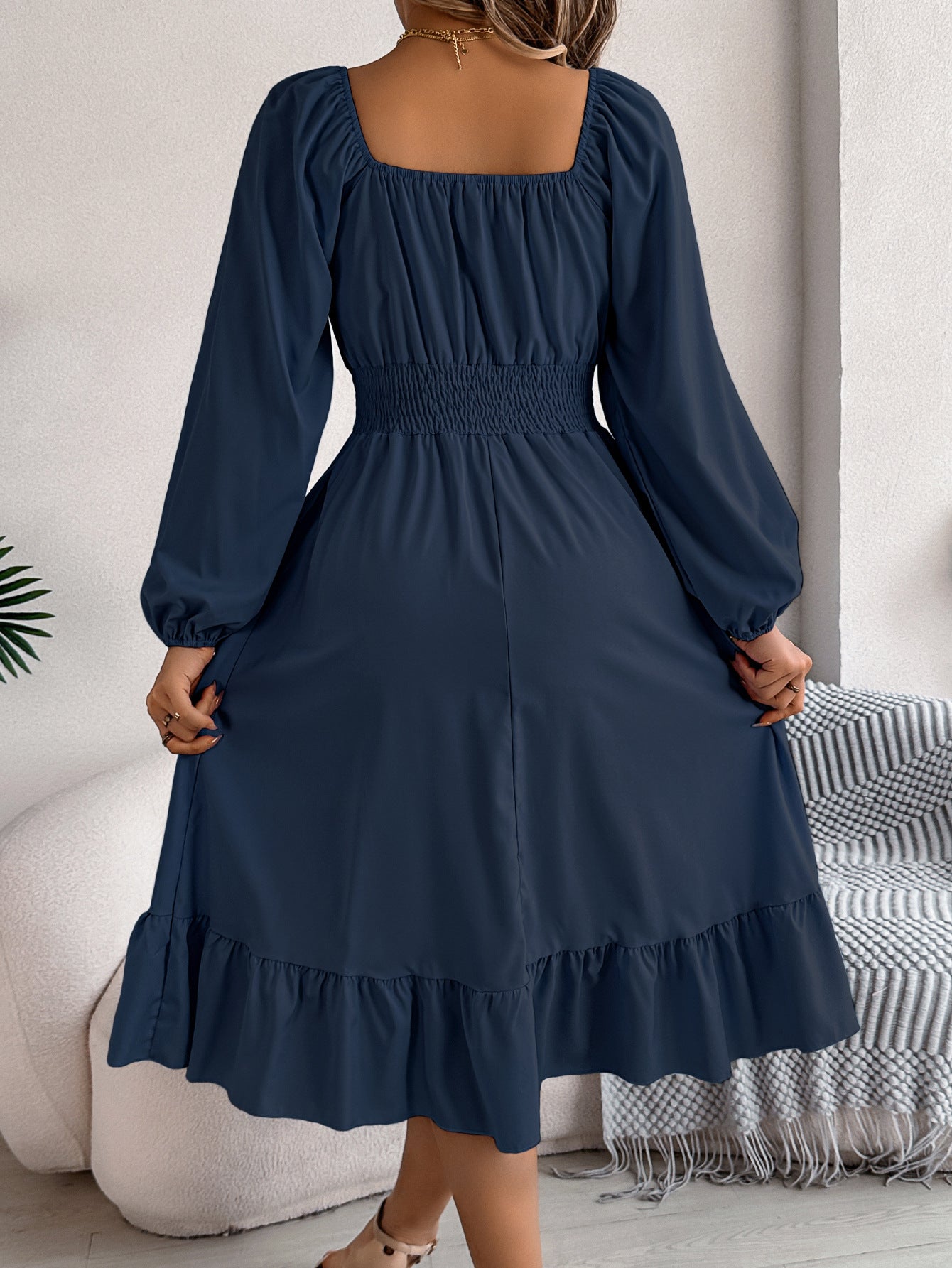 Casual Solid Color Square Neck Long Sleeve Waisted Ruffled A - Line Dress - Negative Apparel