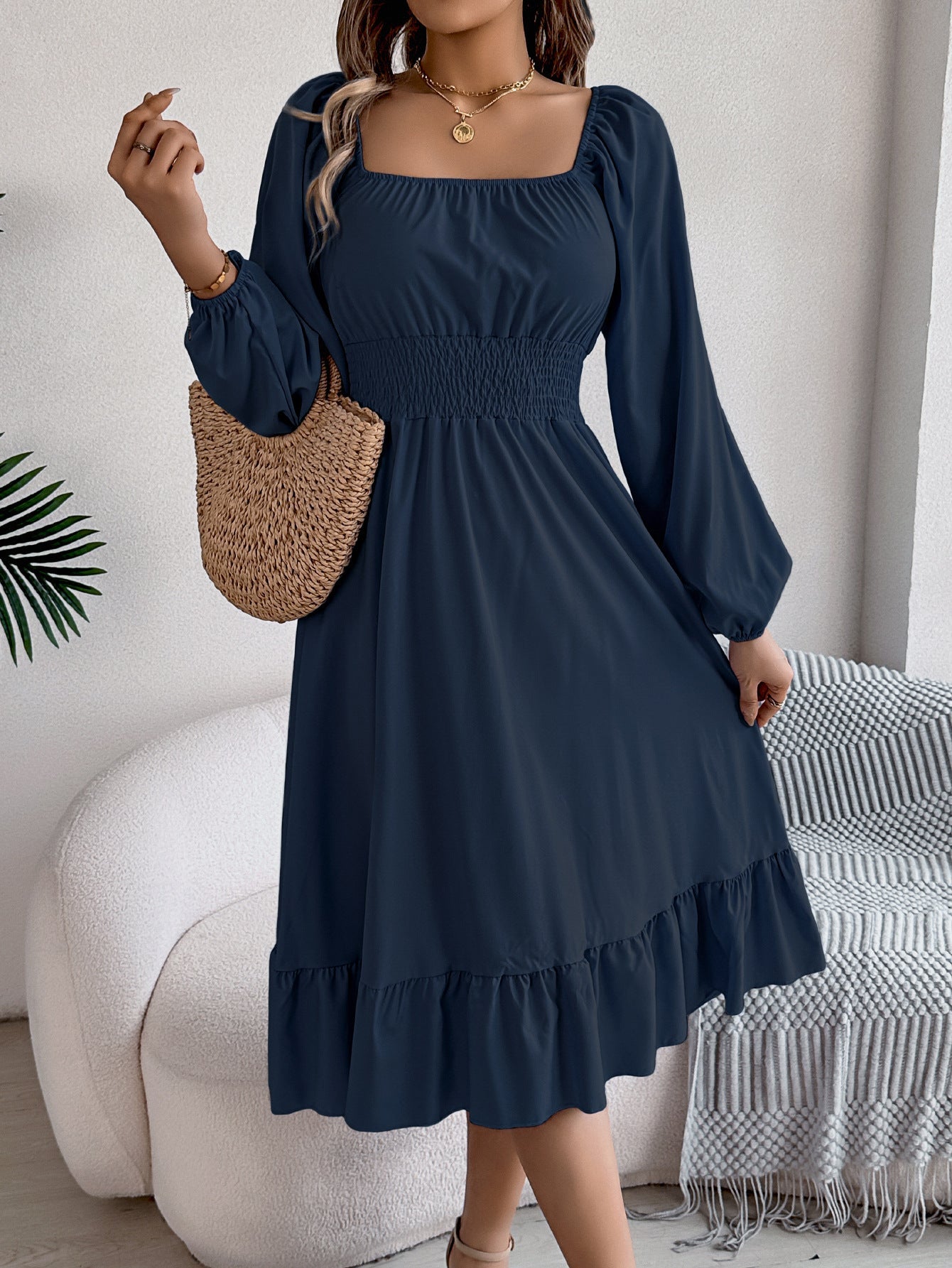 Casual Solid Color Square Neck Long Sleeve Waisted Ruffled A - Line Dress - Negative Apparel