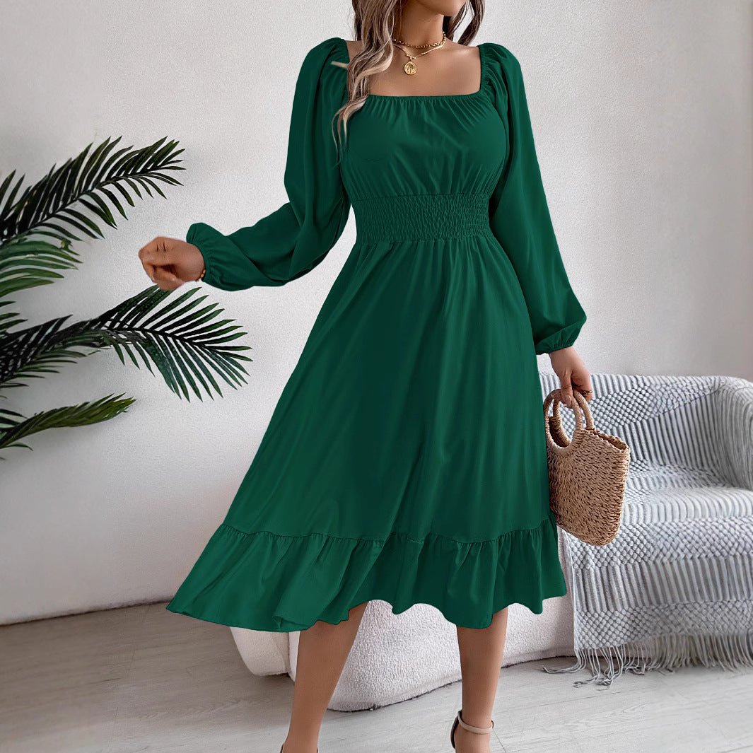 Casual Solid Color Square Neck Long Sleeve Waisted Ruffled A - Line Dress - Negative Apparel