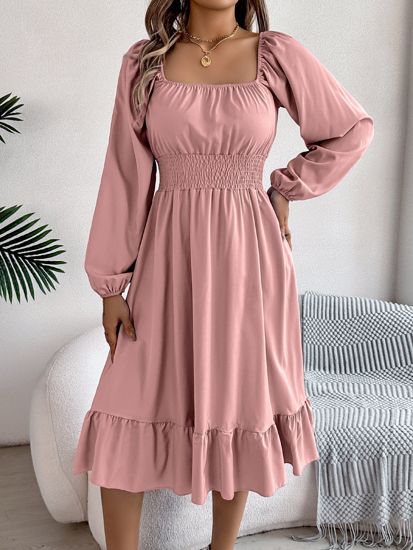 Casual Solid Color Square Neck Long Sleeve Waisted Ruffled A - Line Dress - Negative Apparel