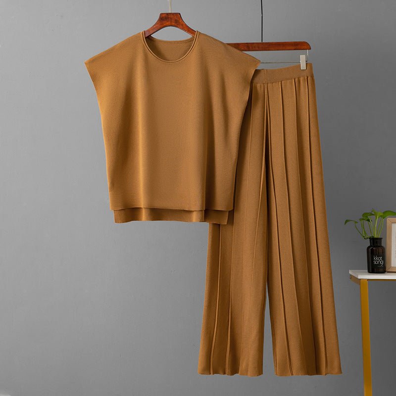 Casual suit women's summer new solid color sleeveless vest knitted sweater wide - leg pants large size ice silk suit - Negative Apparel
