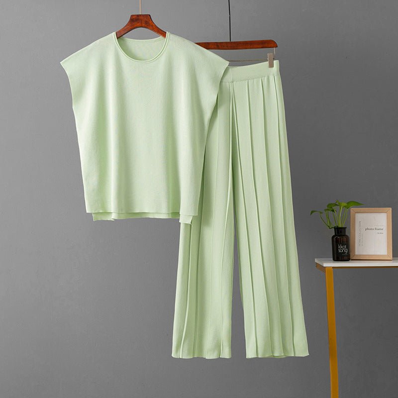 Casual suit women's summer new solid color sleeveless vest knitted sweater wide - leg pants large size ice silk suit - Negative Apparel