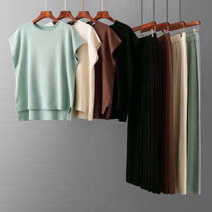 Casual suit women's summer new solid color sleeveless vest knitted sweater wide - leg pants large size ice silk suit - Negative Apparel