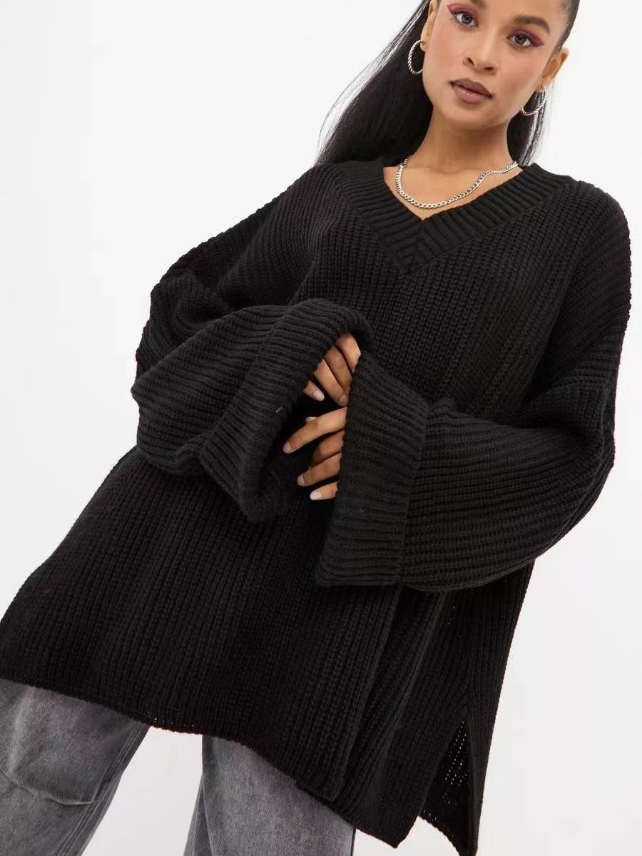 Casual V - neck loose long - sleeved knitted sweater - Negative Apparel