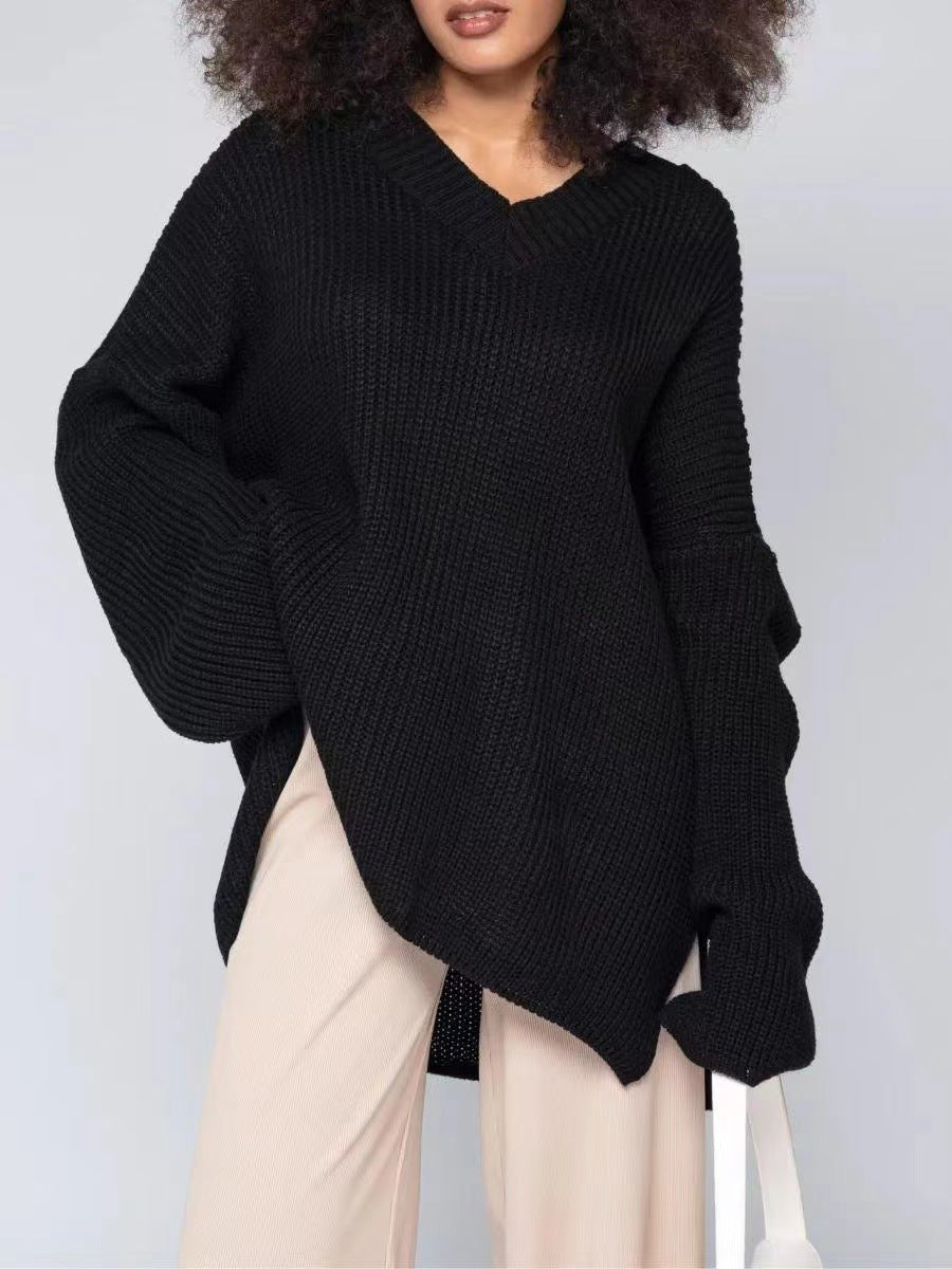 Casual V - neck loose long - sleeved knitted sweater - Negative Apparel