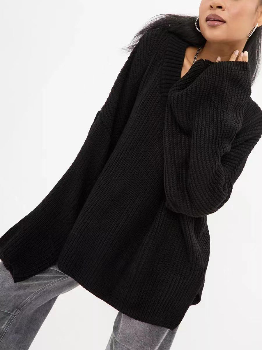 Casual V - neck loose long - sleeved knitted sweater - Negative Apparel