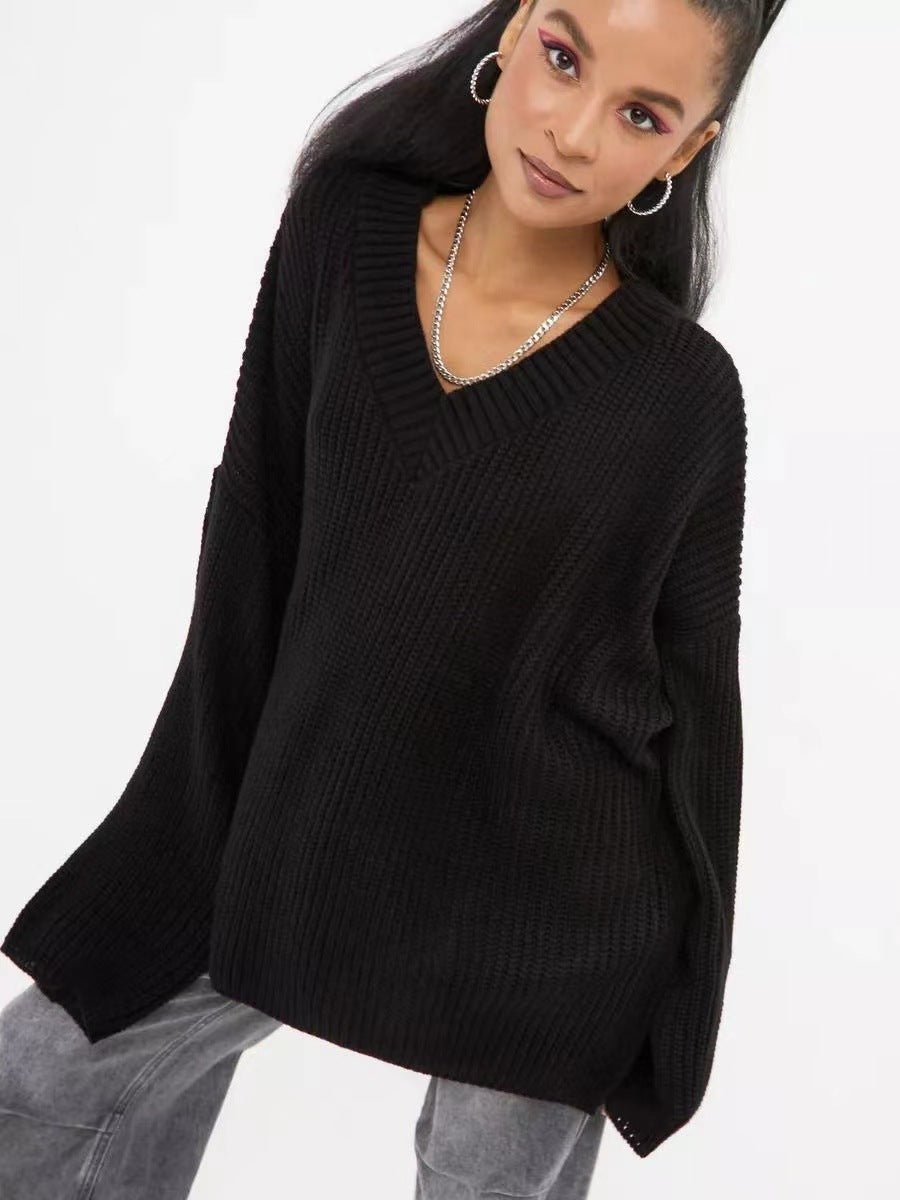 Casual V - neck loose long - sleeved knitted sweater - Negative Apparel