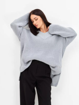 Casual V - neck loose long - sleeved knitted sweater - Negative Apparel