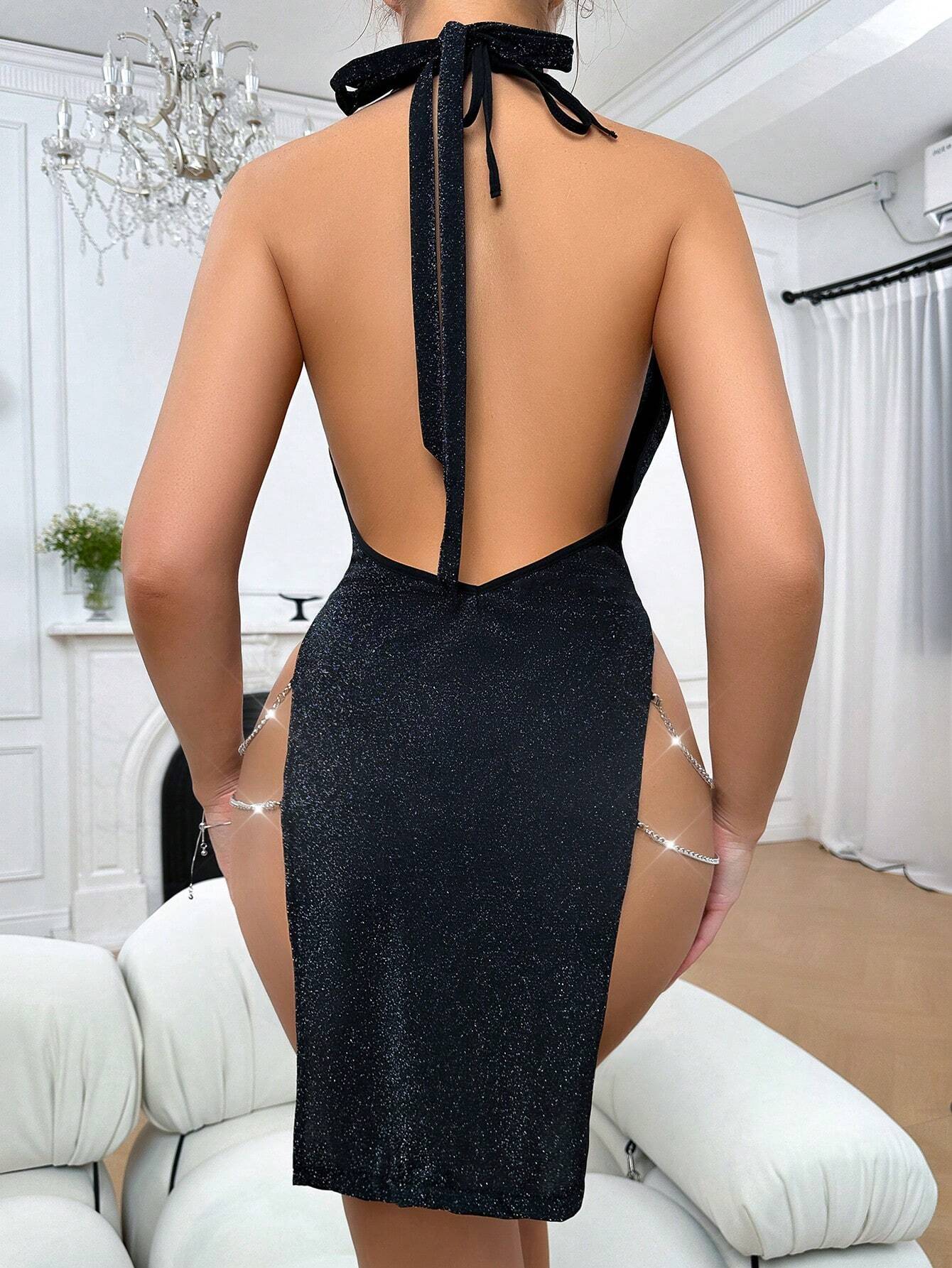 Chain Design High Split Sexy Halter Sexy Pajama Night Dress - Negative Apparel