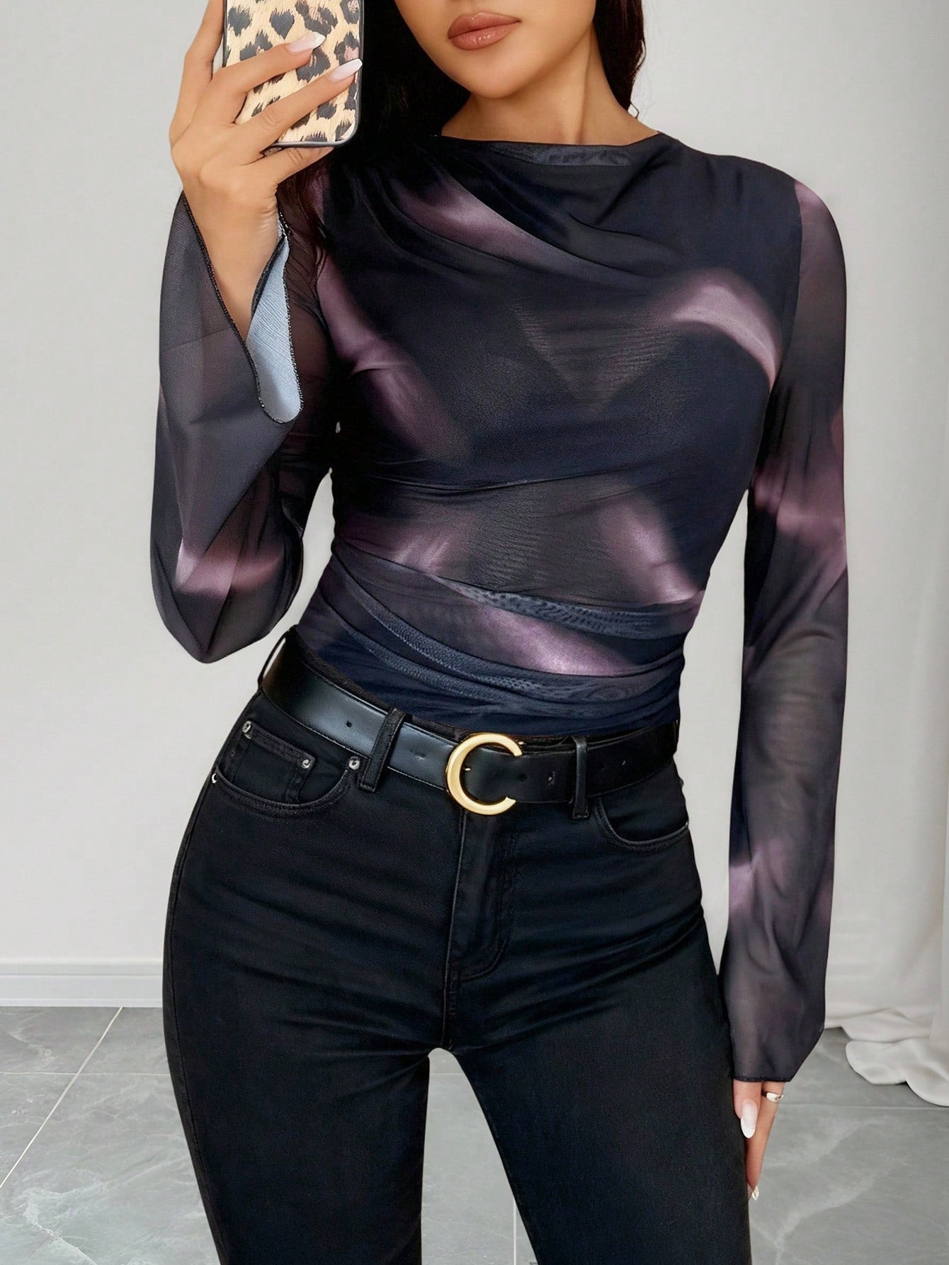 Chiquease Women's Elegant Casual Crinkle Design Fitted Relaxed Tie Dye Print Flare Sleeve Top T-Shirt, Autumn/Winter - Negative Apparel