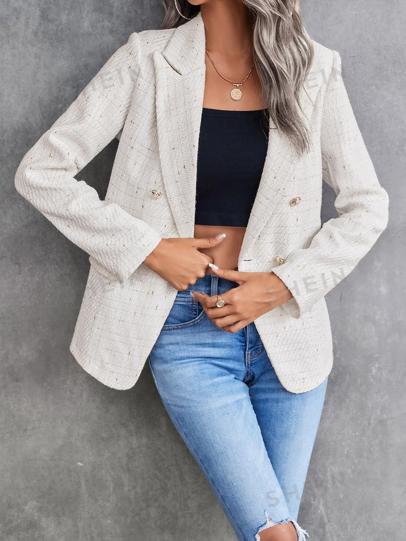 Clasi Lapel Neck Double Breasted Tweed Blazer - Negative Apparel