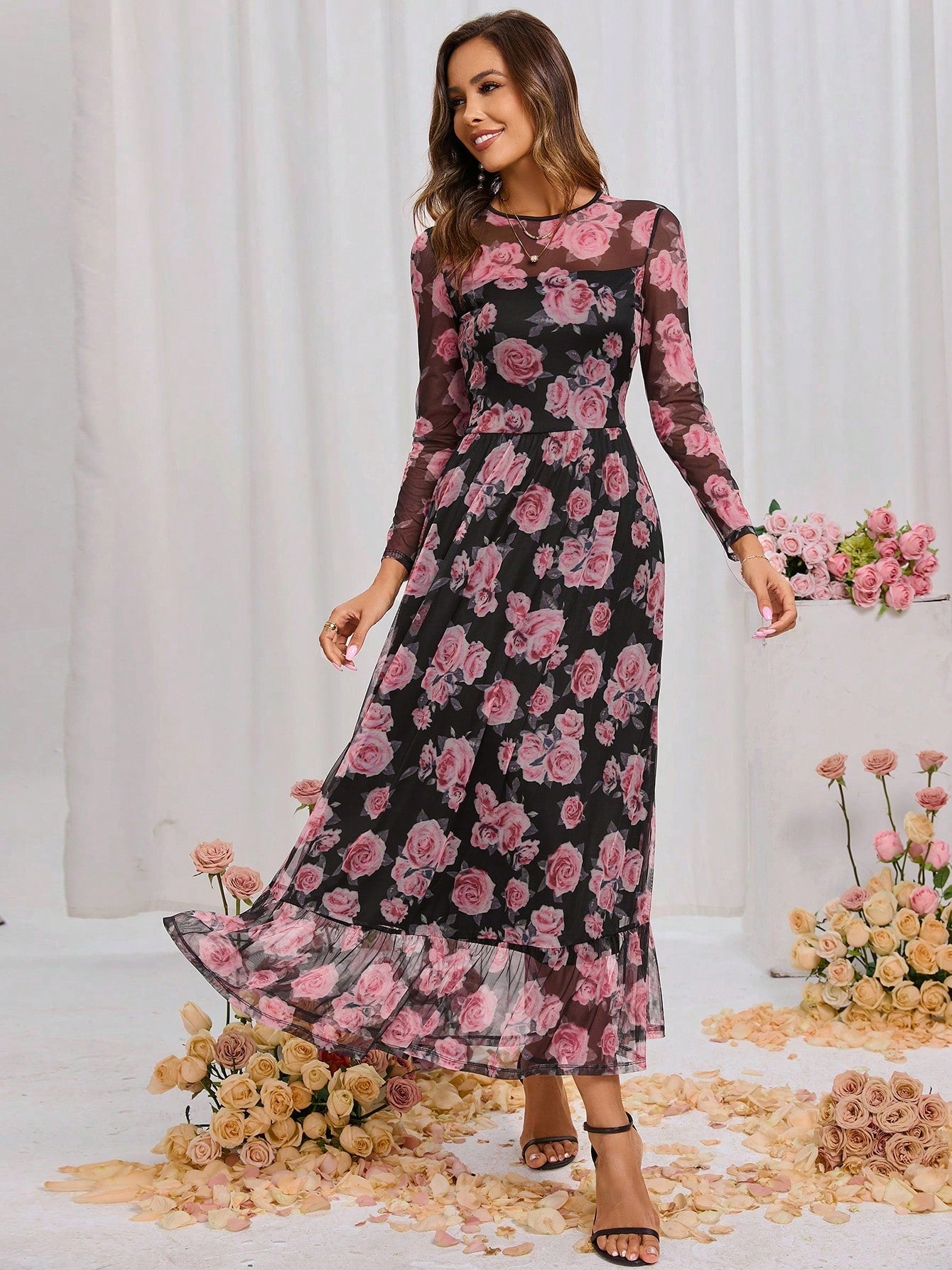 Clasi Women's Long Sleeve Floral Mesh Overlay Dress - Negative Apparel