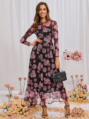 Clasi Women's Long Sleeve Floral Mesh Overlay Dress - Negative Apparel