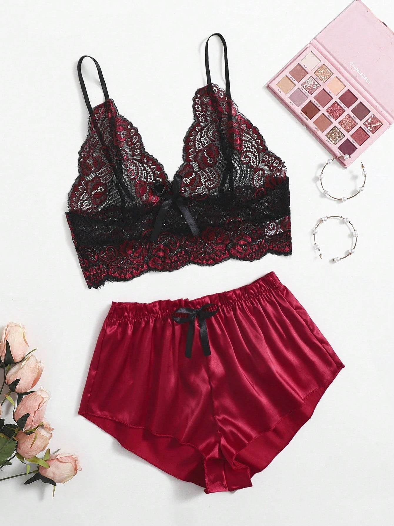 Classic Sexy Floral Lace Bralette With Satin Shorts - Negative Apparel