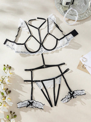 Classic Sexy Floral Lace Underwire Garter Lingerie Set - Negative Apparel