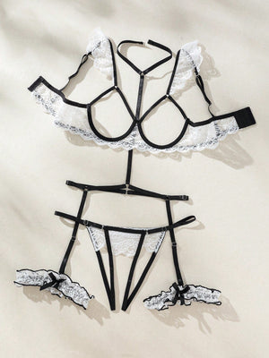 Classic Sexy Floral Lace Underwire Garter Lingerie Set - Negative Apparel