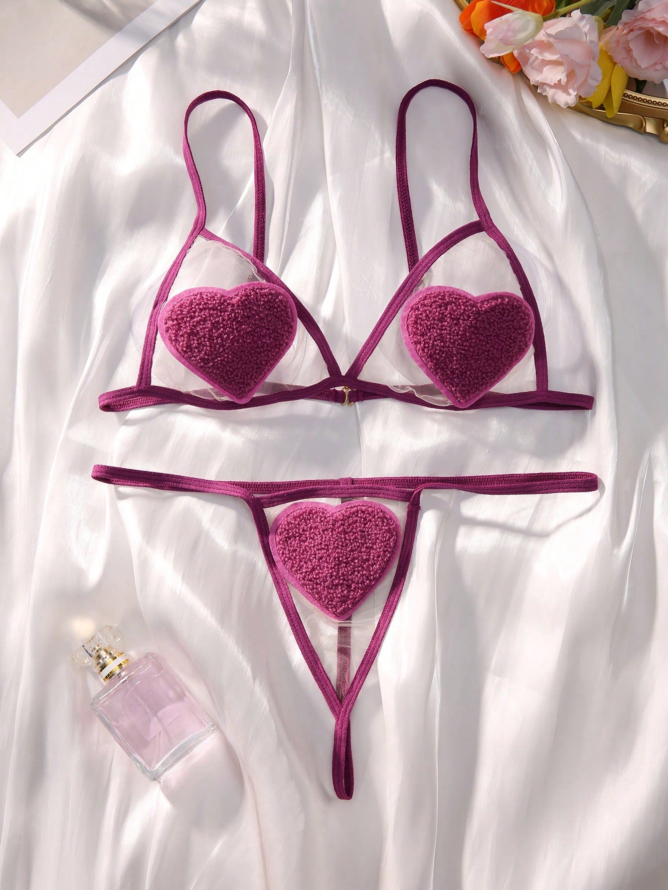 Classic Sexy Heart Patched Mesh Lingerie Set - Negative Apparel