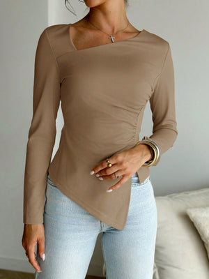 Classic Solid Color Fitted Long Sleeve Asymmetrical Neck Ruched Waist Tight T-Shirt, Elegant Everyday/Casual Date/Going Out Wear - Negative Apparel