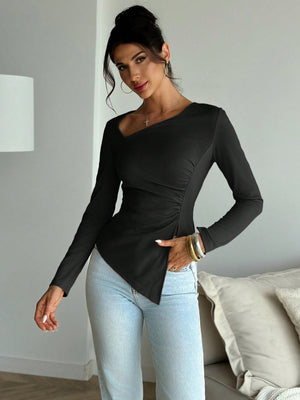 Classic Solid Color Fitted Long Sleeve Asymmetrical Neck Ruched Waist Tight T-Shirt, Elegant Everyday/Casual Date/Going Out Wear - Negative Apparel