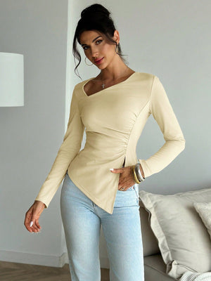 Classic Solid Color Fitted Long Sleeve Asymmetrical Neck Ruched Waist Tight T-Shirt, Elegant Everyday/Casual Date/Going Out Wear - Negative Apparel