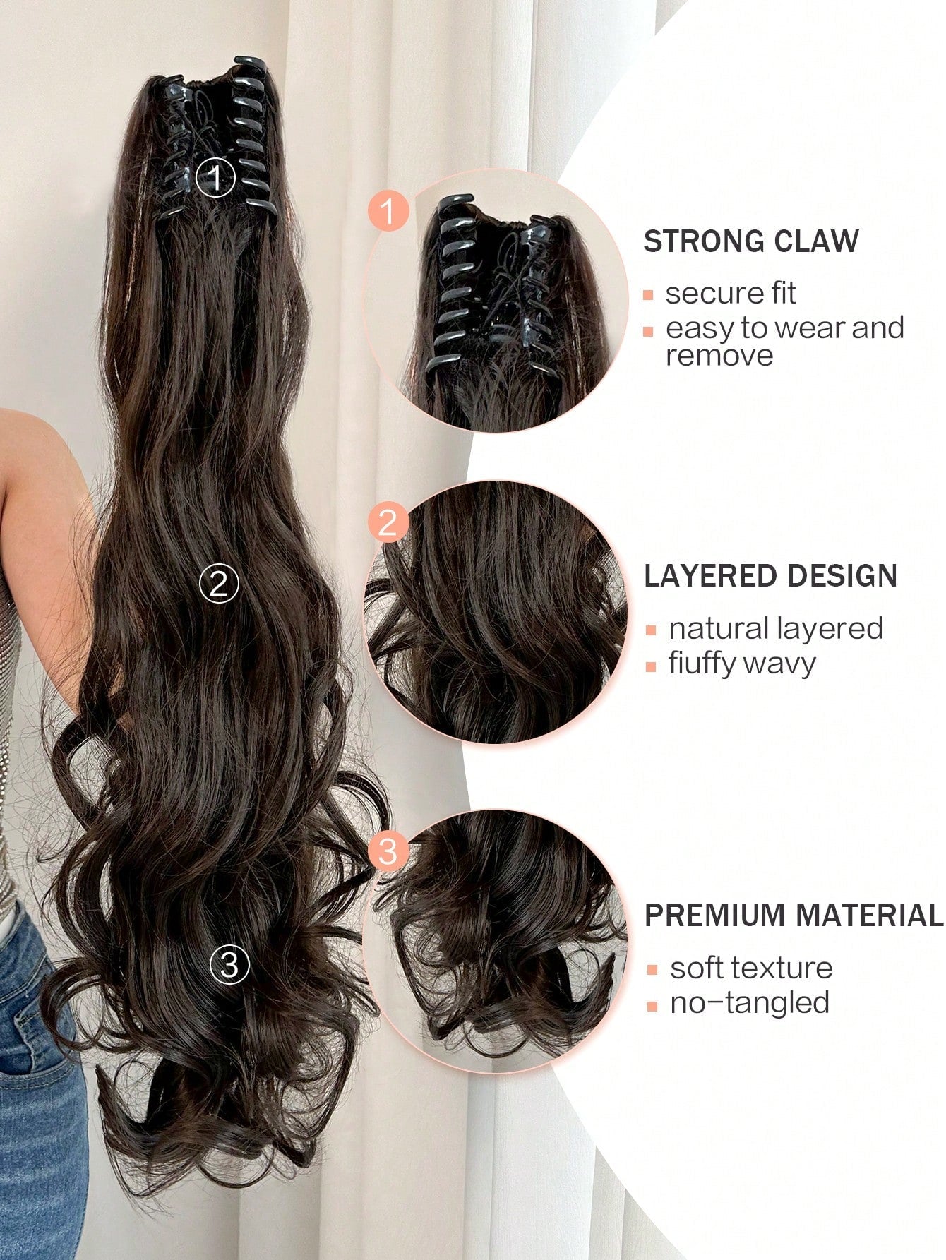 Claw Ponytail Extension 20 Inch Ombre Natural Wave Wavy Clip in Hair Extensions Soft Natural Looking Heat Resistant Fiber Synthetic Hairpiece For Women Daily Use - Negative Apparel