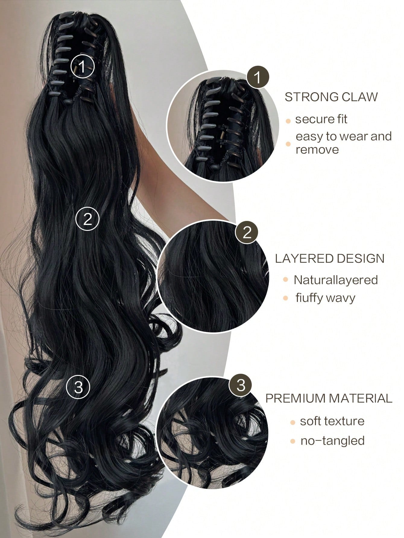 Claw Ponytail Extension 20 Inch Ombre Natural Wave Wavy Clip in Hair Extensions Soft Natural Looking Heat Resistant Fiber Synthetic Hairpiece For Women Daily Use - Negative Apparel
