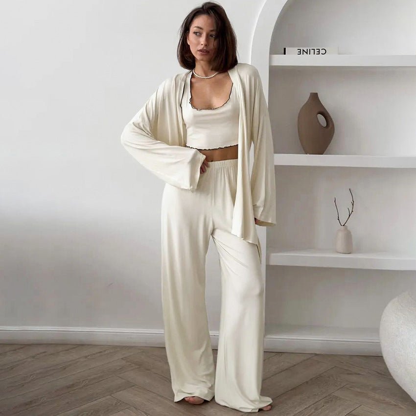 Cloud - Soft Dream | Ruffled Milk Silk 3 - Piece Pajama Set - Negative Apparel