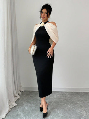 Color Block 3D Floral Decor Off Shoulder Casual Dress Maxi Women Outfit - Negative Apparel