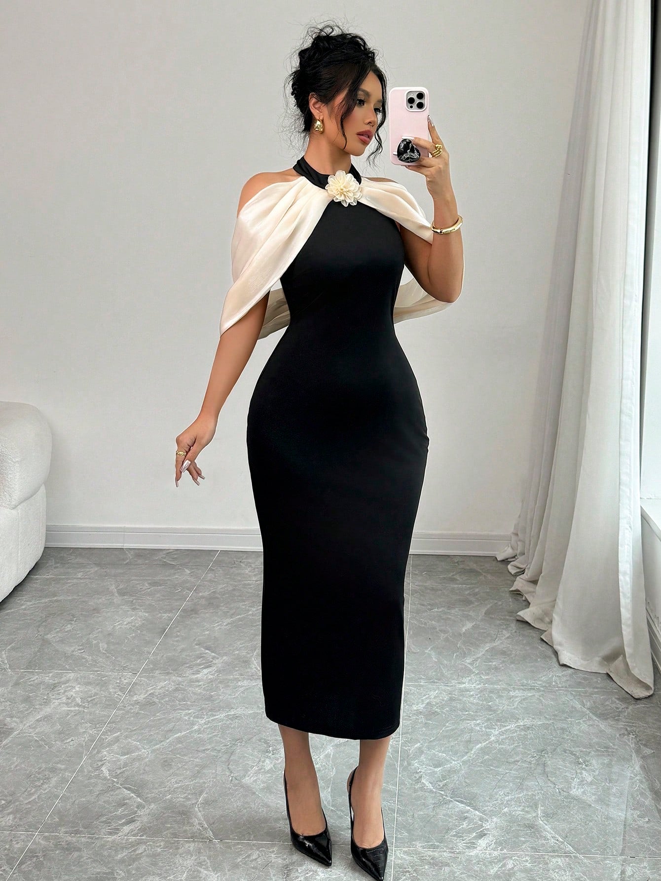 Color Block 3D Floral Decor Off Shoulder Casual Dress Maxi Women Outfit - Negative Apparel