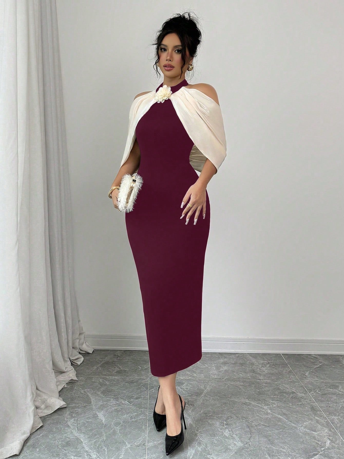 Color Block 3D Floral Decor Off Shoulder Casual Dress Maxi W – Negative Apparel Color Block 3D Floral Decor Off Shoulder Casual Dress Maxi W – Negative Apparel