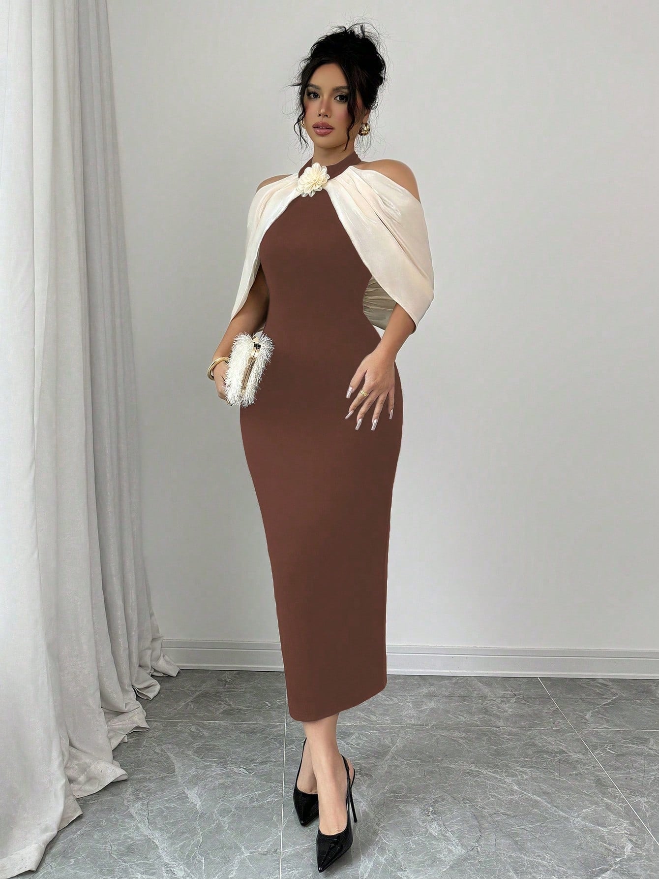 Color Block 3D Floral Decor Off Shoulder Casual Dress Maxi Women Outfit - Negative Apparel