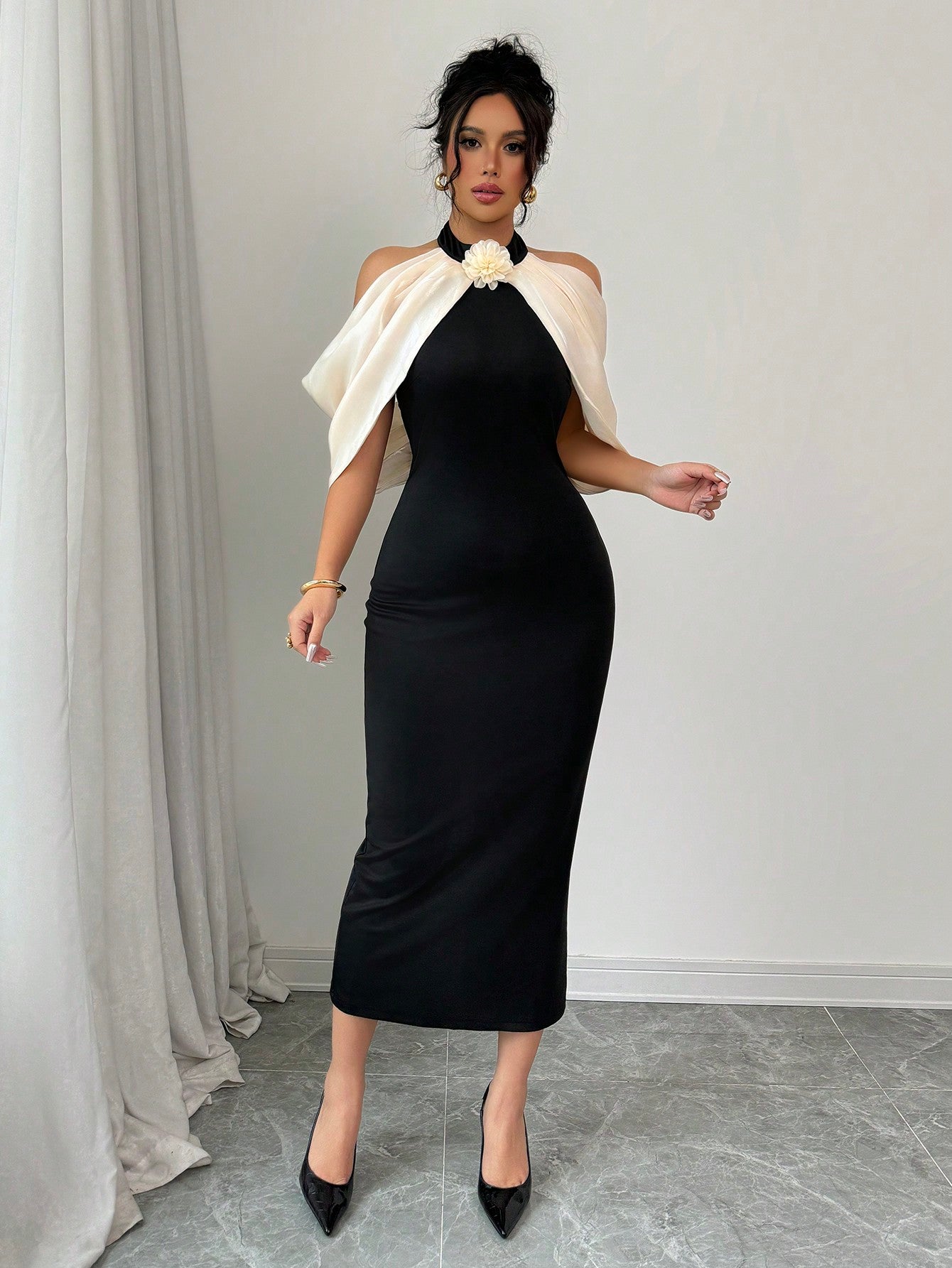 Color Block 3D Floral Decor Off Shoulder Casual Dress Maxi Women Outfit - Negative Apparel