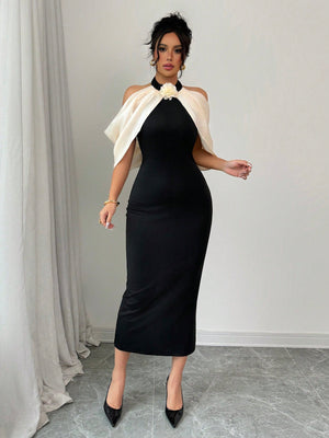 Color Block 3D Floral Decor Off Shoulder Casual Dress Maxi Women Outfit - Negative Apparel