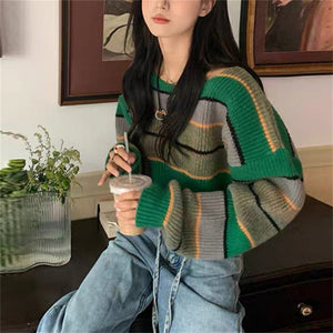 Color matching stripes lazy all - match loose pullover sweater for women - Negative Apparel