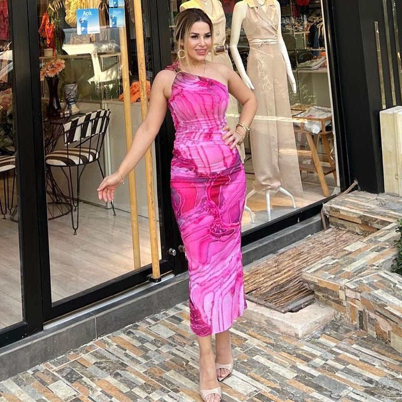 Color‑block printed one - shoulder high - waist bodycon dress - Negative Apparel