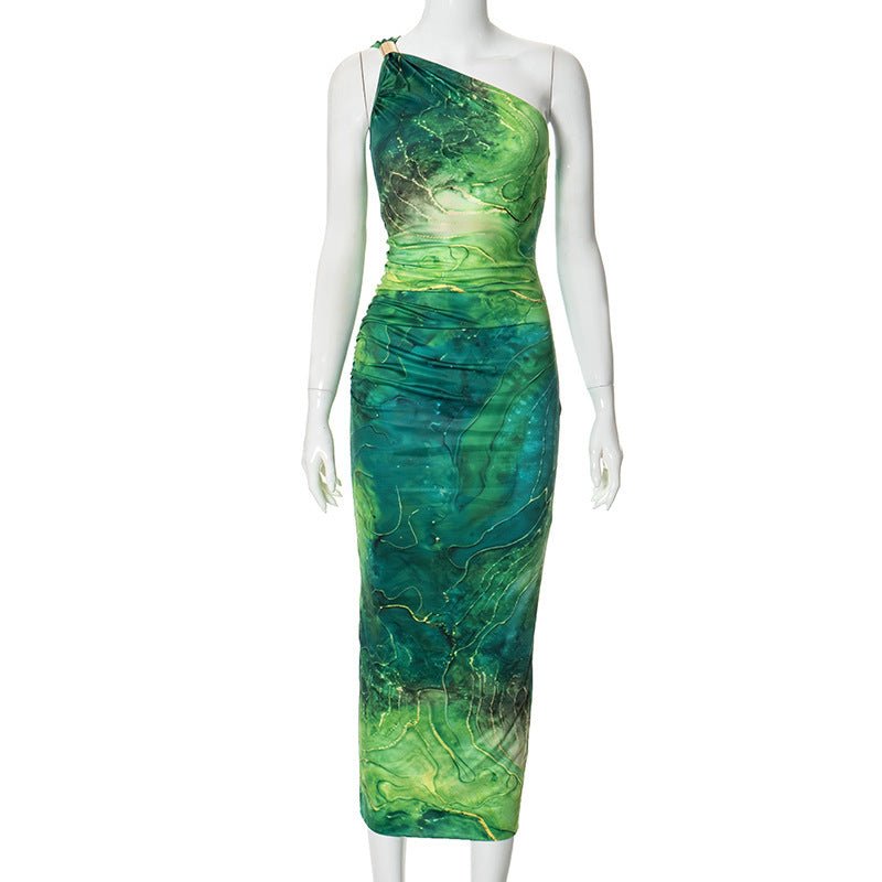 Color‑block printed one - shoulder high - waist bodycon dress - Negative Apparel