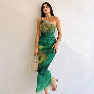 Color‑block printed one - shoulder high - waist bodycon dress - Negative Apparel