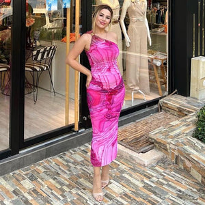 Color‑block printed one - shoulder high - waist bodycon dress - Negative Apparel