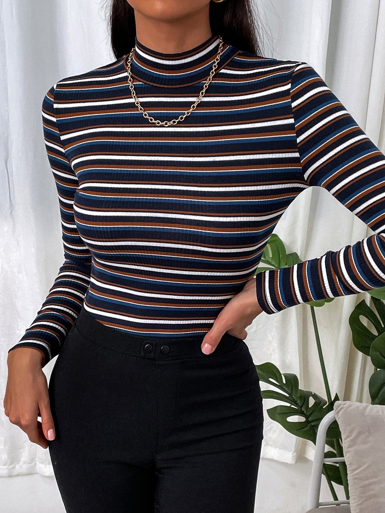 Colorful Striped Mock Neck Tee - Negative Apparel