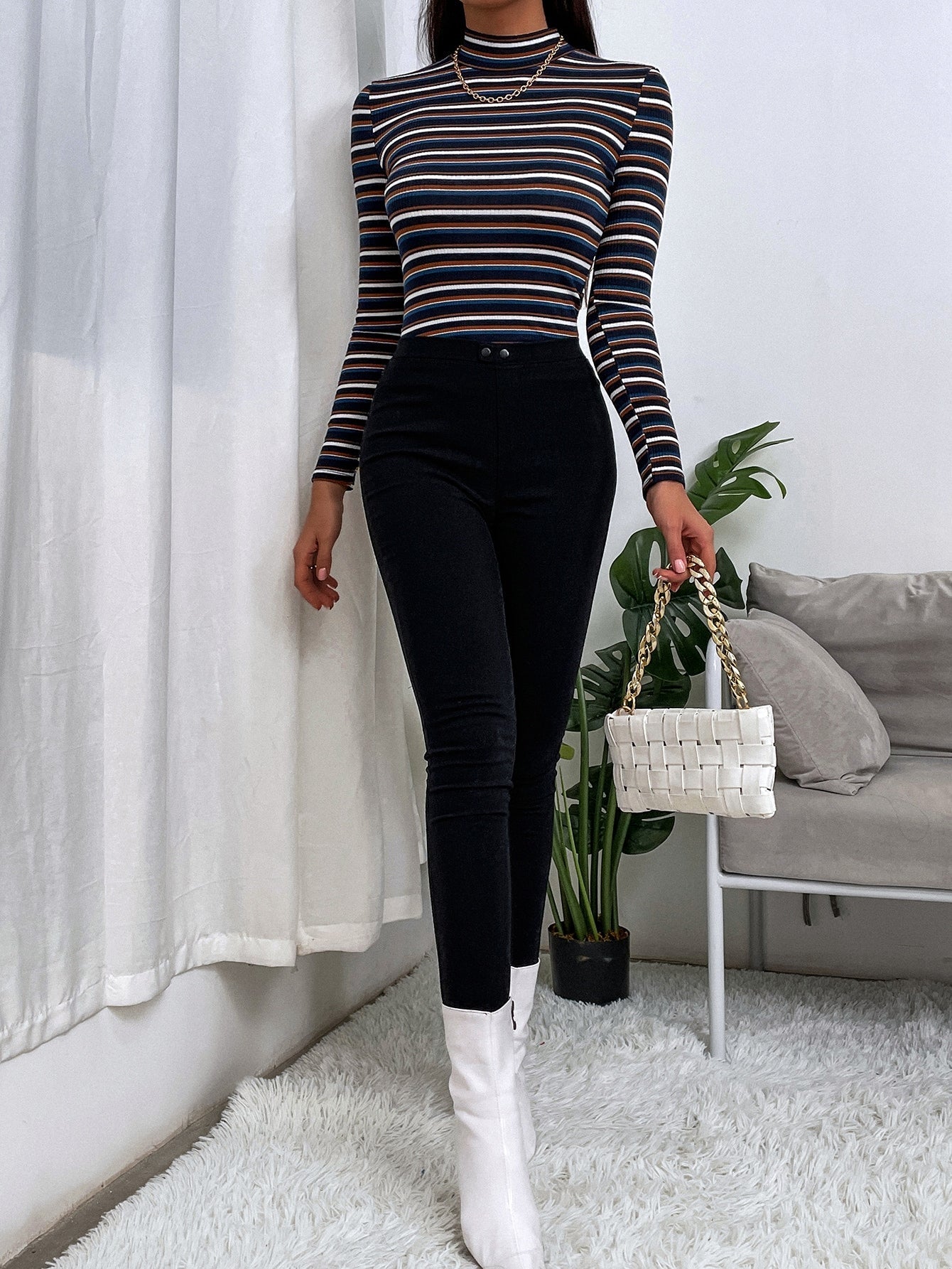 Colorful Striped Mock Neck Tee - Negative Apparel