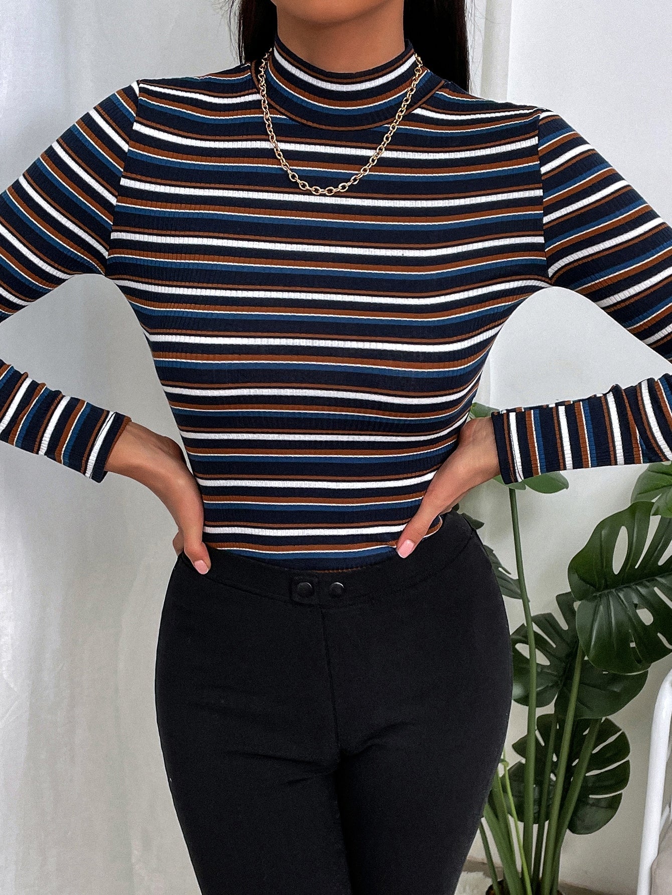 Colorful Striped Mock Neck Tee - Negative Apparel